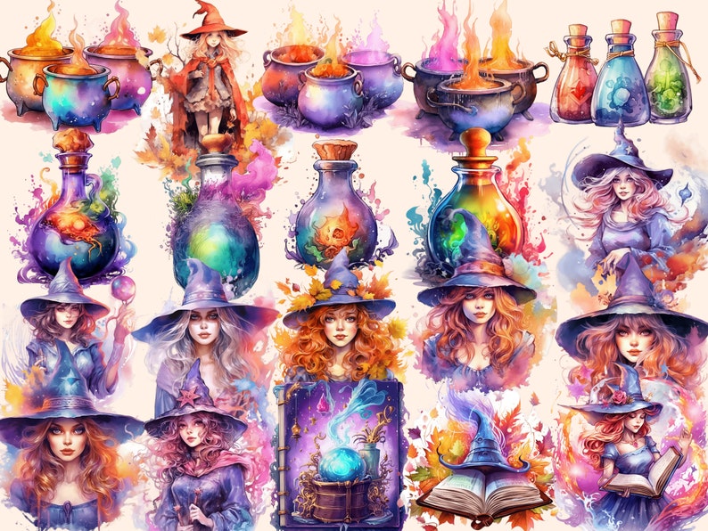 Watercolor Witches Clipart Bundle: 169 Fantasy Witch Images (PNG ...