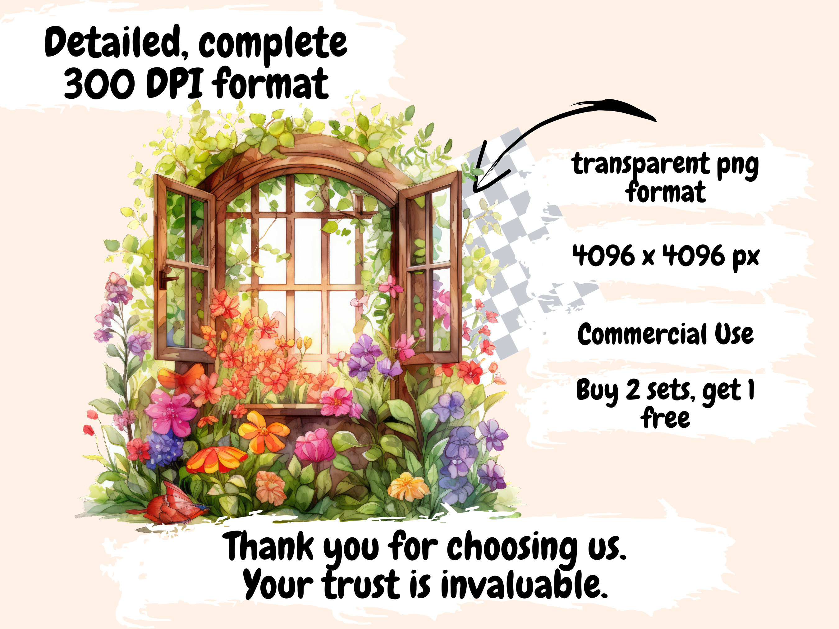 Watercolor Window Spring Background Spring Windows Watercolor Clipart Bundle: 318 PNG Images (digital ...