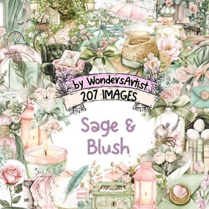 Sage & Blush Watercolor Clipart - 207 PNG Soft Floral Graphics, Pastel Botanical Illustrations, Instant Digital Download, Commercial Use