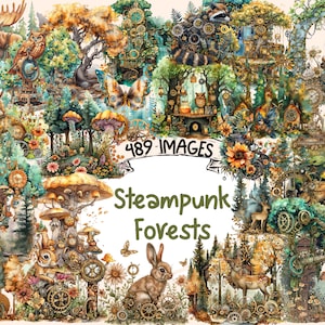 Steampunk Forests Watercolor Clipart Bundle - 489 PNG Woodland Images, Mechanical Tree Graphics, Instant Digital Download, Commercial Use