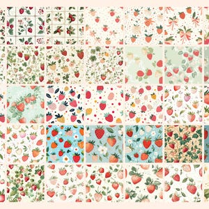 May include: A set of 36 digital seamless patterns featuring strawberries in various styles. The patterns include strawberries with leaves, flowers, polka dots, and other designs. The patterns are in a variety of colors, including red, green, white, and blue.
