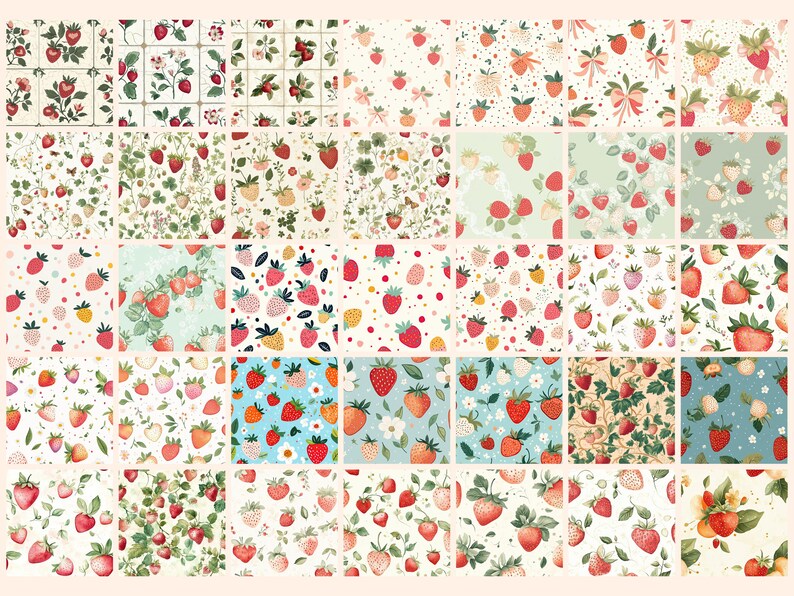 May include: A set of 36 digital seamless patterns featuring strawberries in various styles. The patterns include strawberries with leaves, flowers, polka dots, and other designs. The patterns are in a variety of colors, including red, green, white, and blue.
