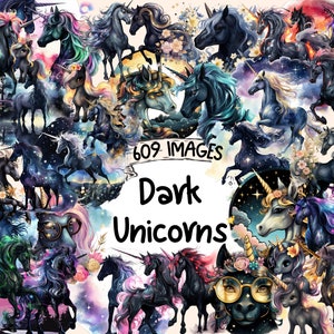 Dark Unicorns Watercolor Clipart Bundle - 609 PNG Black Unicorn Images, Mystical Shadow Graphics, Instant Digital Download, Commercial Use