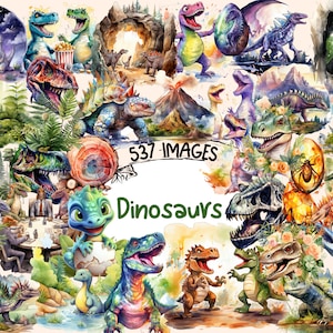 Dinosaurs Watercolor Clipart Bundle - 537 PNG Dinosaur Images, Prehistoric Dino Creature Graphics, Instant Digital Download, Commercial Use