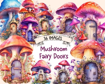 Watercolor Mushroom Fairy Doors Clipart: 36 Storybook Illustrations (Digital Download)