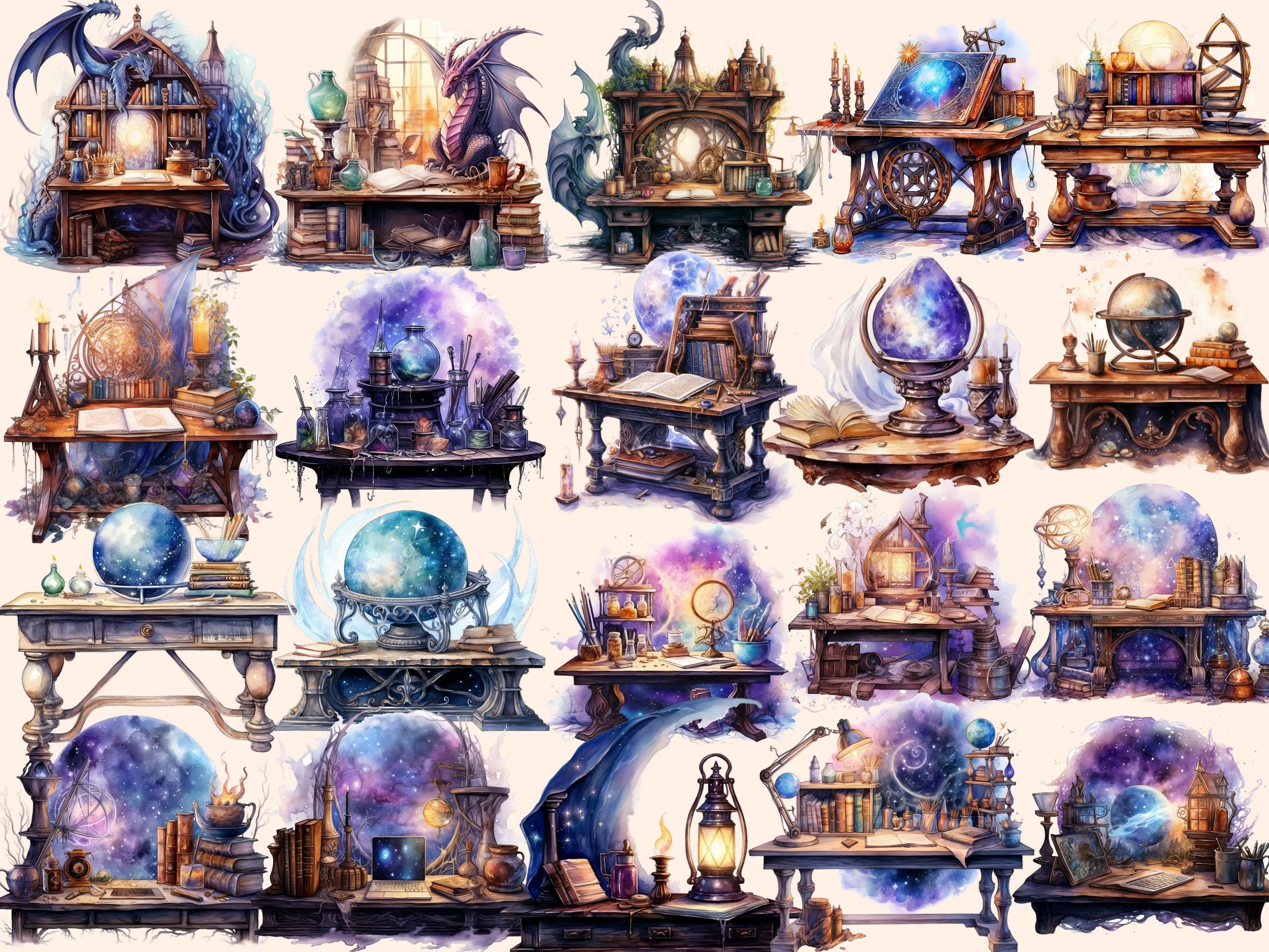 Watercolor Wizard Desk Clipart Bundle: 181 Magical PNG Images (digital ...