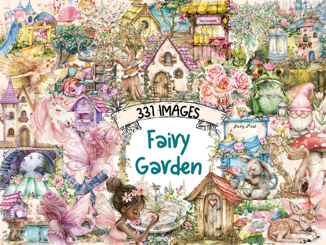 Watercolor Fairy Garden Clipart Bundle: 331 PNG Graphics (digital ...
