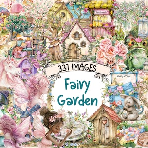 Fairy Garden Watercolor Clipart Bundle - 331 PNG Enchanted Garden Scenes, Magical Fairies Graphics, Instant Digital Download, Commercial Use