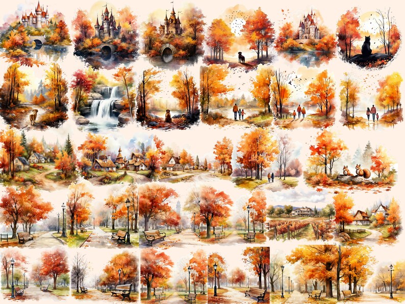 Autumn landscape with golden-hued trees and serene lake clipart.
Country road surrounded by colorful fall foliage.
Vibrant autumn leaves against a clear blue sky.
Cozy cabin nestled in an autumn forest.
Rustic wooden bridge over a tranquil stream.