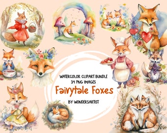 Cute Funny Magical Fairytale Fox Clipart Bundle - Watercolor Digital Graphics for Crafts and Designs, Instant Download, Commercial Use, PNG