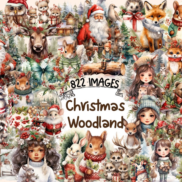 Pakiet clipartów akwarela Christmas Woodland-822 PNG świąteczne obrazy leśne, przytulna grafika wakacyjna, natychmiastowe pobieranie cyfrowe, użytek komercyjny