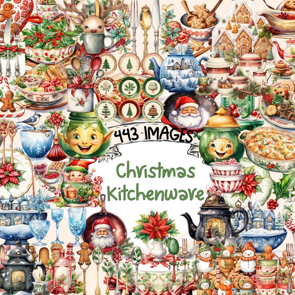 Christmas Kitchenware Watercolor Clipart Bundle - 443 PNG Festive Images, Holiday Cooking Graphics, Instant Digital Download, Commercial Use