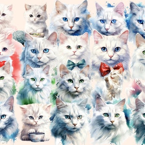 White Cats Watercolor Clipart Bundle 158 PNG White Cat Images, Elegant Feline Graphics, Cute Kitty,Instant Digital Download,Commercial Use image 5