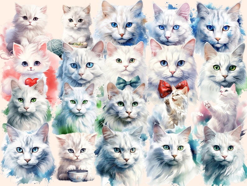 White Cats Watercolor Clipart Bundle 158 PNG White Cat Images, Elegant Feline Graphics, Cute Kitty,Instant Digital Download,Commercial Use image 5