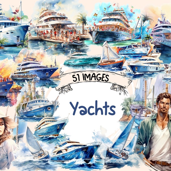 Yachts Watercolor Clipart Bundle - 51 PNG Yacht Images, Nautical Graphics,Luxury Boat Illustrations, Instant Digital Download,Commercial Use