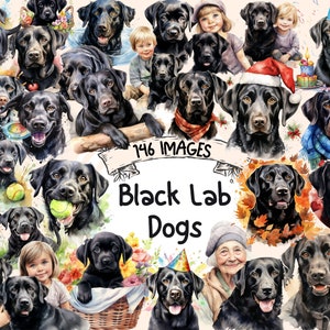 Black Lab Dogs Watercolor Clipart Bundle - 146 PNG Black Labrador Images, Loyal Puppy Pet Graphics, Instant Digital Download, Commercial Use