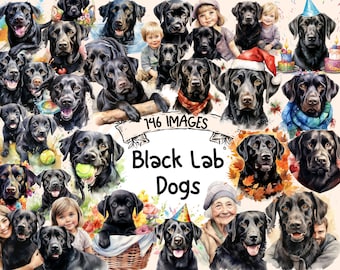 Black Lab Dogs Watercolor Clipart Bundle - 146 PNG Black Labrador Images, Loyal Puppy Pet Graphics, Instant Digital Download, Commercial Use