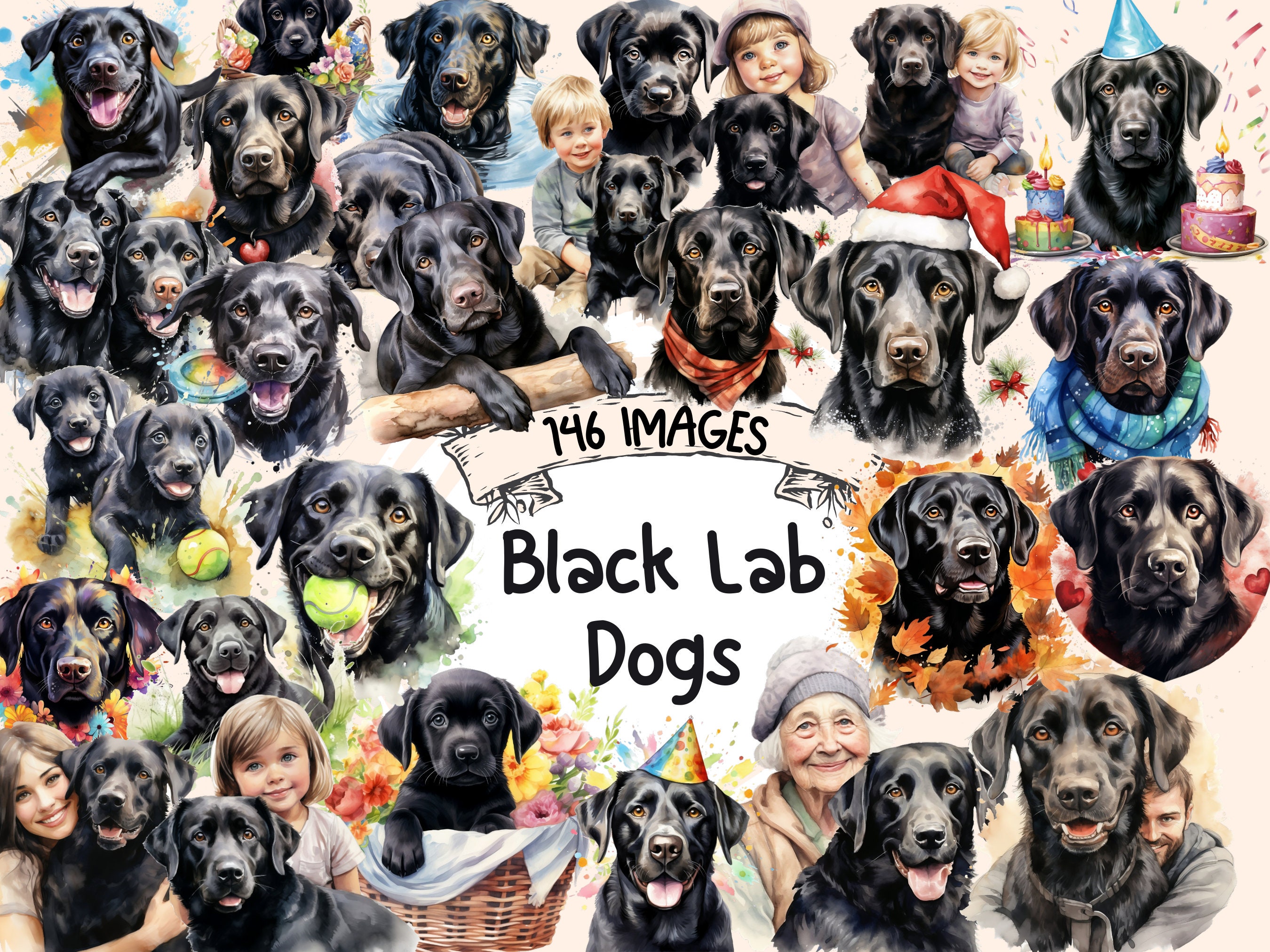 Black Lab Dogs Watercolor Clipart Bundle - 146 PNG Black Labrador Images, Loyal Puppy Pet Graphics, Instant Digital Download, Commercial Use