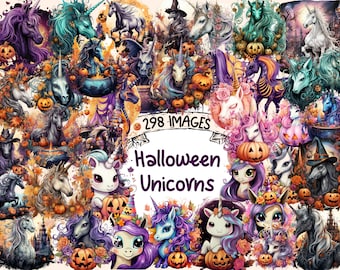 Halloween Unicorn Watercolor Clipart: 298 PNG Spooky Images (Digital Download)