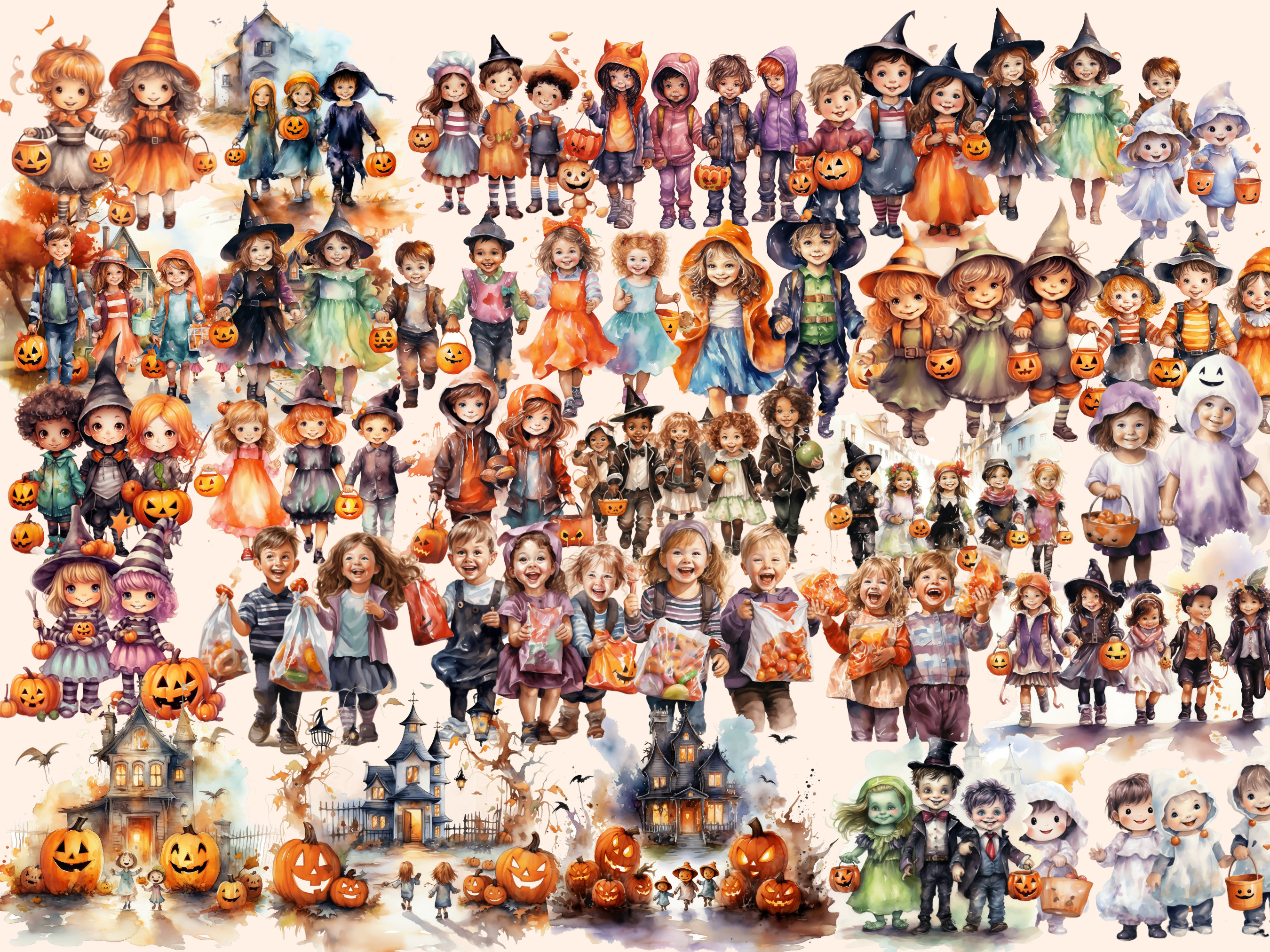 Watercolor Halloween Clipart Bundle: Trick or Treat Kids (217 PNG ...