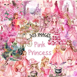 Pink Princess Watercolor Clipart Bundle - 503 PNG Blush Princess Images, Fairy Tale Pink Graphics, Instant Digital Download, Commercial Use