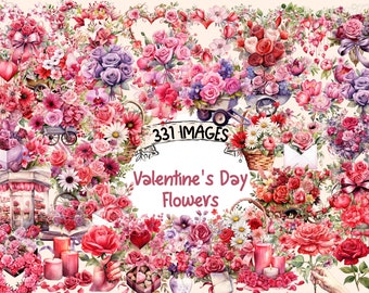 May include: A collection of 331 watercolor images of Valentine's Day flowers. The images feature a variety of flowers in shades of pink, red, white, and purple. The flowers are arranged in bouquets, wreaths, and other arrangements. The text "Valentine's Day Flowers" is displayed in the center of the image.