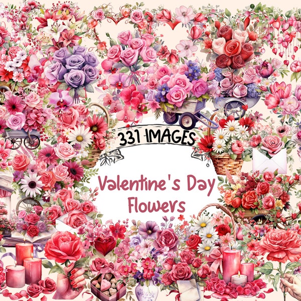 Valentine’s Day Flowers Watercolor Clipart Bundle - 331 PNG Lovely Floral Images, Romantic Graphics, Instant Digital Download,Commercial Use