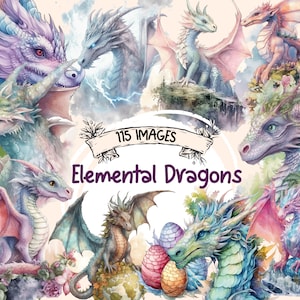 Elemental Dragons Watercolor Clipart Bundle - 115 Magical Fairytale Illustrations,Cute Storybook,PNG,Instant Digital Download,Commercial Use