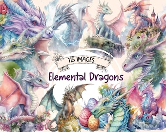 Elemental Dragons Watercolor Clipart Bundle - 115 Magical Fairytale Illustrations,Cute Storybook,PNG,Instant Digital Download,Commercial Use