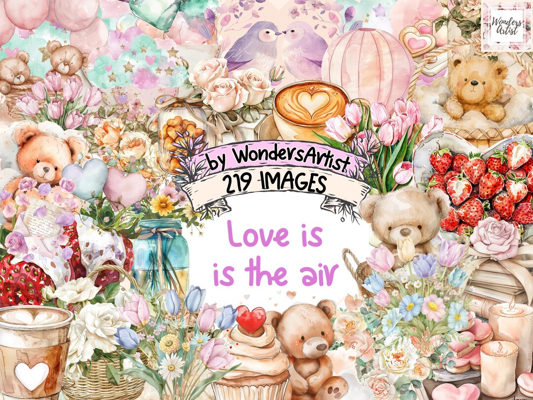 Love is in the Air Watercolor Clipart Bundle 219 PNG Romantic Images