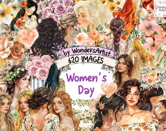 Women's Day Watercolor Clipart Bundle: 620 Feminine PNG Images (Digital Download)