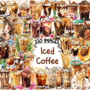 Iced Coffee Watercolor Clipart Bundle - 330 PNG Chilled Coffee Drink Images, Cold Brew Graphics, Instant Digital Download, Commercial Use