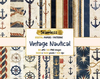 May include: A digital paper pack with 80 seamless patterns featuring vintage nautical designs. The patterns include anchors, ropes, stripes, and compass roses in shades of blue, red, white, and gold. The text "Seamless", "Digital Papers/Patterns", "Vintage Nautical", "80 JPG/80 PNG images", and "3600 x 3600 pixels/300 dpi" is displayed on the image.