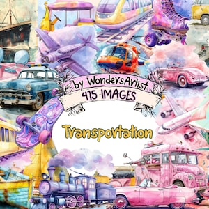 Transportation Watercolor Clipart Bundle - 415 PNG Various Vehicle Images, Fast Transport Graphics, Instant Digital Download, Commercial Use