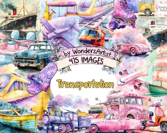 Transportation Watercolor Clipart Bundle: 415 Vehicle PNG Images (Digital Download)