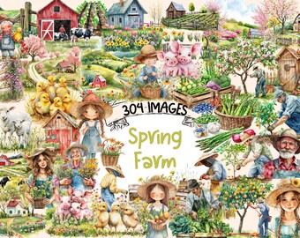 Spring Farm Watercolor Clipart Bundle: 304 Rustic PNG Images (Digital Download)