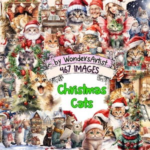 Christmas Cats Watercolor Clipart Bundle - 467 PNG Festive Cozy Cat Images, Holiday Kitty Graphics, Instant Digital Download, Commercial Use