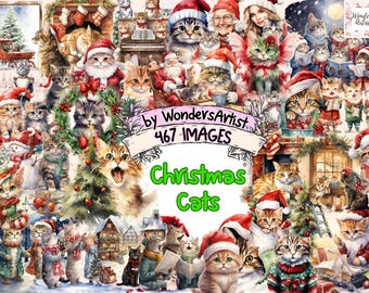 Christmas Cats Watercolor Clipart Bundle: 467 Festive PNG Images (Digital Download)