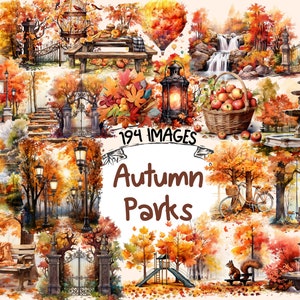 Autumn Parks Watercolor Clipart Bundle - 194 PNG Fall Nature Park Images, Outdoor Picnic Graphics, Instant Digital Download, Commercial Use