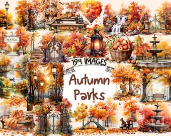 Autumn Parks Watercolor Clipart Bundle - 194 PNG Fall Nature Park Images, Outdoor Picnic Graphics, Instant Digital Download, Commercial Use