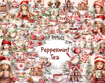 Peppermint Tea Watercolor Clipart Bundle: Christmas Drinks (Digital Download)