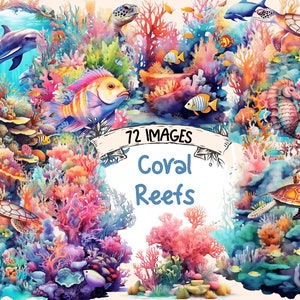 Watercolor Coral Reef Clipart Bundle: 72 Sea Reef PNG Graphics (Digital Download)