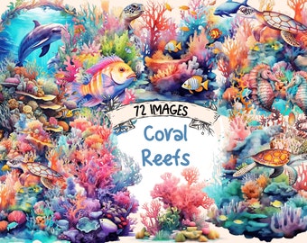 Watercolor Coral Reef Clipart Bundle: 72 Sea Reef PNG Graphics (Digital Download)