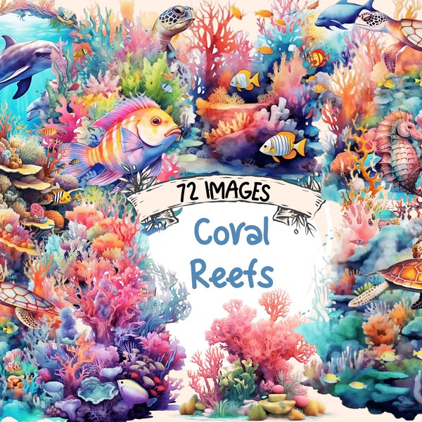 Coral Reefs Watercolor Clipart Bundle - 72 PNG Sea Reef Images, Beautiful Underwater Graphics, PNG, Instant Digital Download, Commercial Use