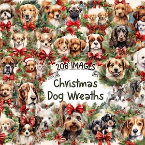 Christmas Dog Wreaths Watercolor Clipart Bundle - 208 PNG Festive Pup Wreath Images, Xmas Puppies, Instant Digital Download, Commercial Use