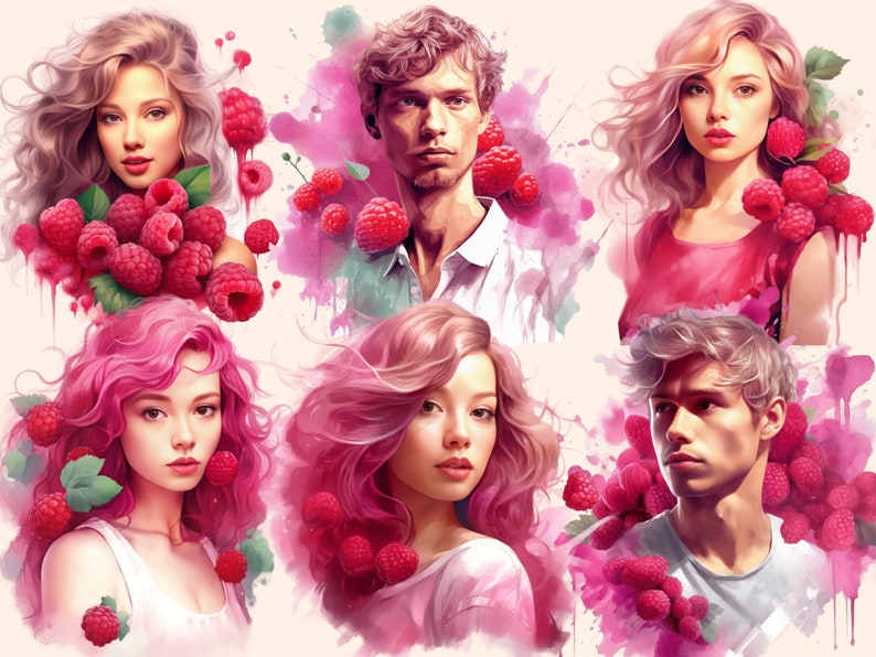 Collage Pink Raspberry Raspberries Watercolor Clipart Bundle: 92 PNG Images (commercial Use ...