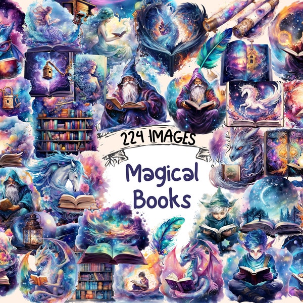 Magical Books Watercolor Clipart Bundle - 224 PNG Galaxy Book Images, Mystical Cosmic Graphics, Instant Digital Download, Commercial Use