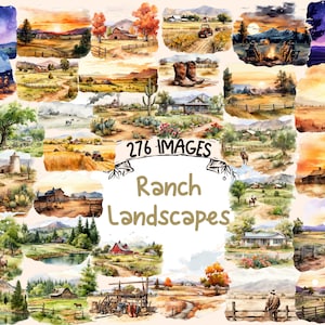 Ranch Landscapes Watercolor Clipart Bundle - 276 PNG Rustic Western Images, Scenic Town Graphics, Instant Digital Download, Commercial Use