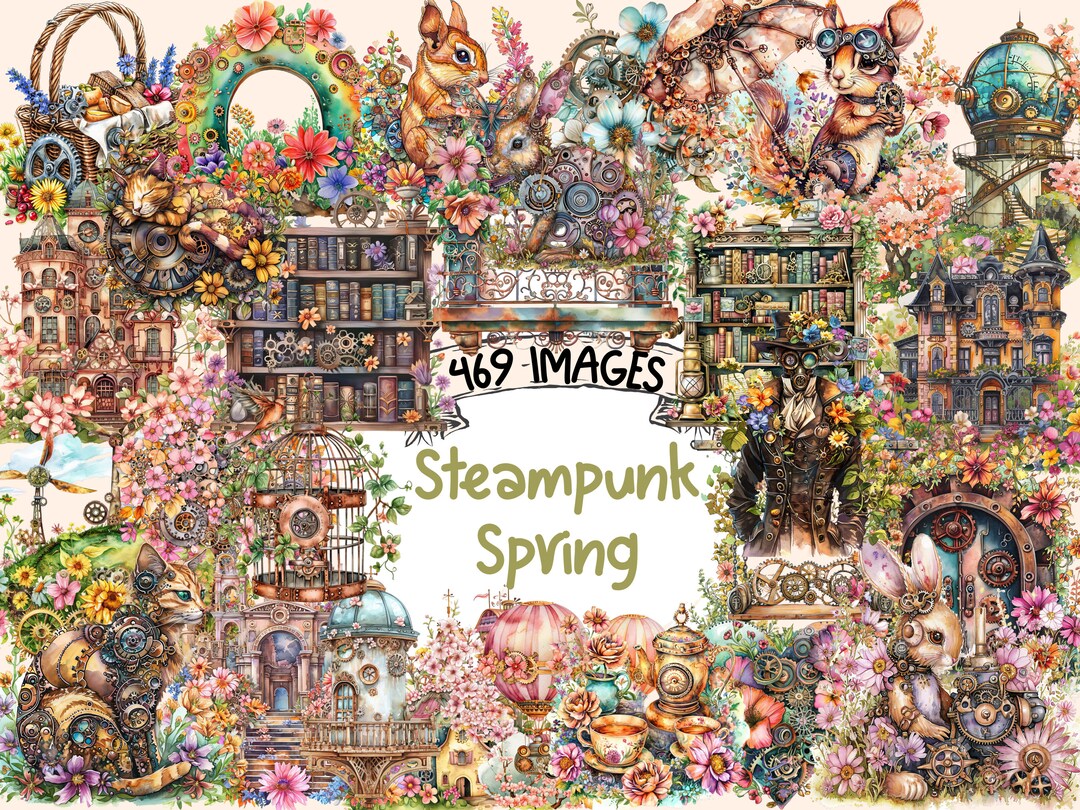 Steampunk Spring Computer Background Steampunk Spring Watercolor Clipart Bundle: 469 PNG Images (digital ...