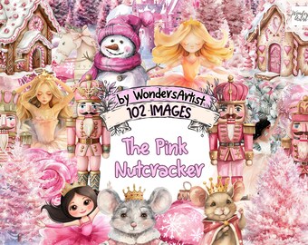 May include: A digital illustration set featuring a pink and white color scheme. The set includes a gingerbread house, a snowman, a ballerina, a nutcracker, a mouse, and a Christmas tree. The text "The Pink Nutcracker" and "102 Images" is included in the image.